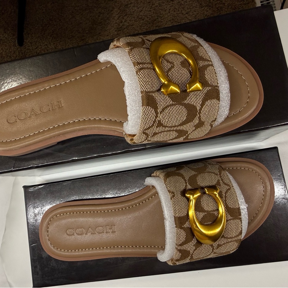 Coach Women's Signature Monogram Slide Sandals in Brown with Gold Hardware - Picture 2 of 3
